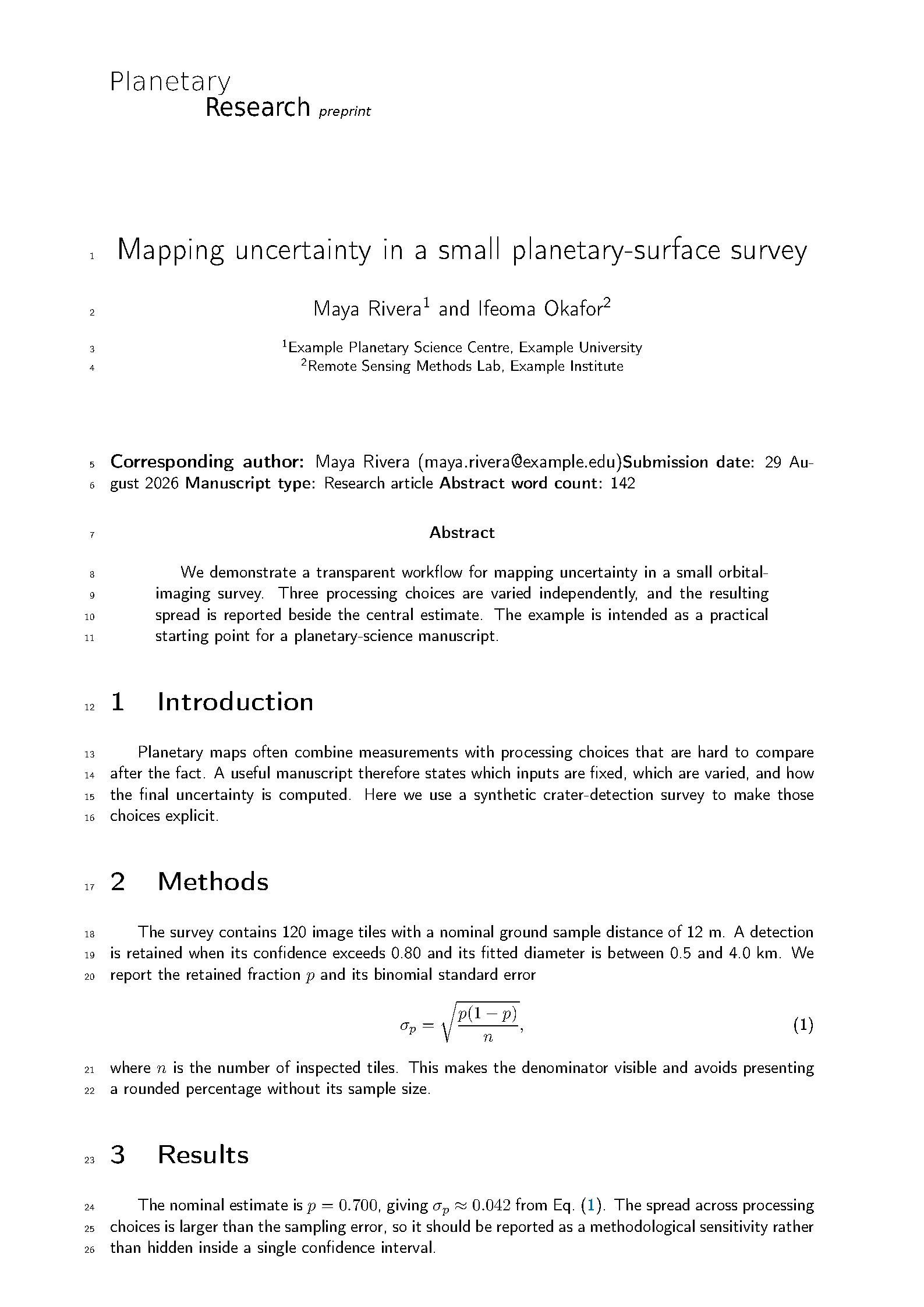 First page of the Planetary Research Article template