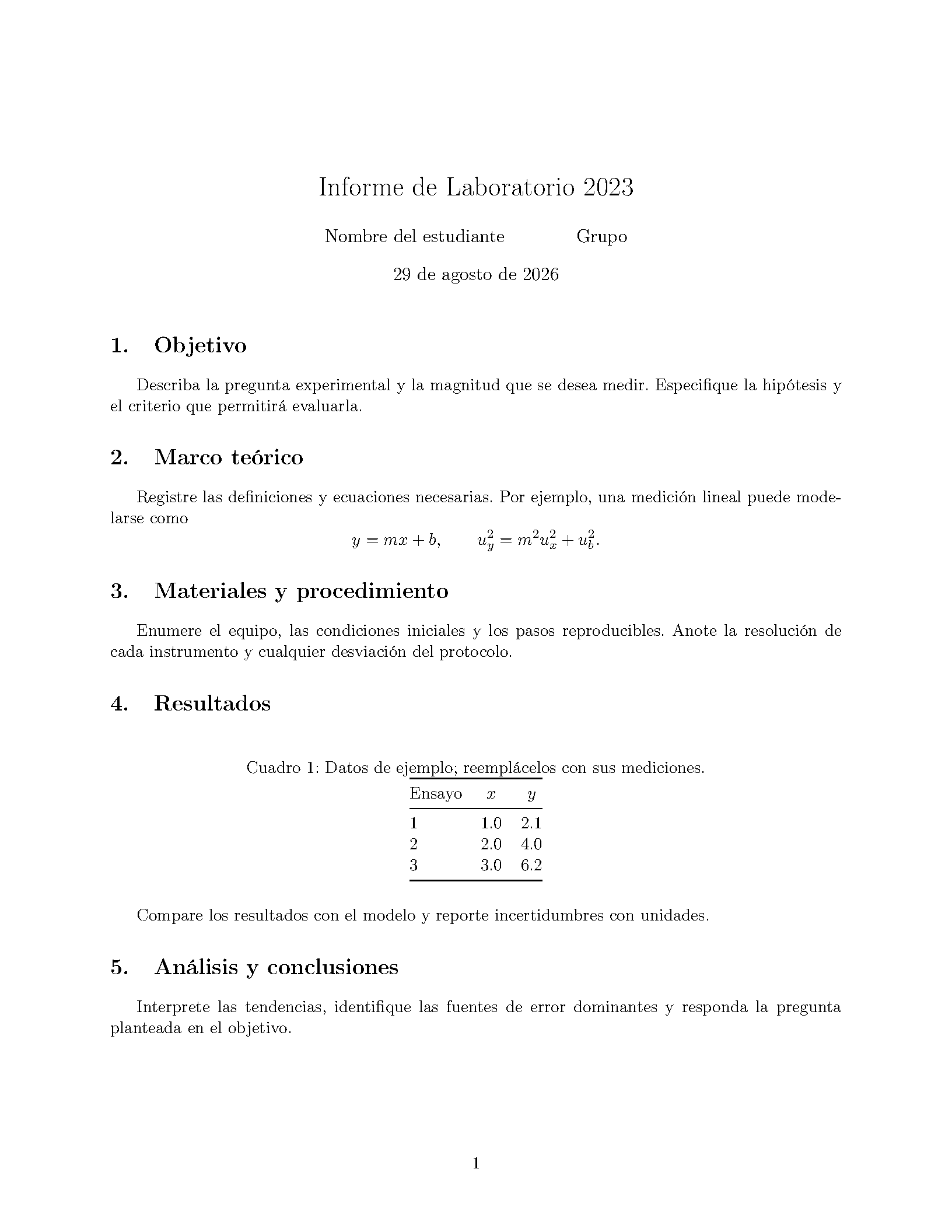 First page of the Plantilla Informe de Laboratorio 2023 template