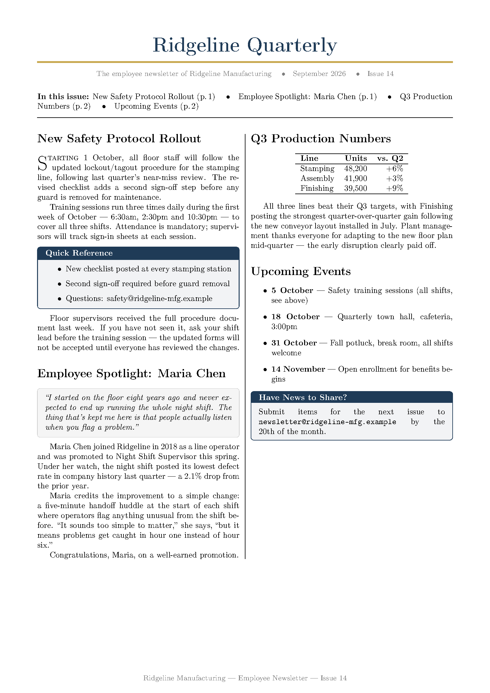 First page of Professional Newsletter