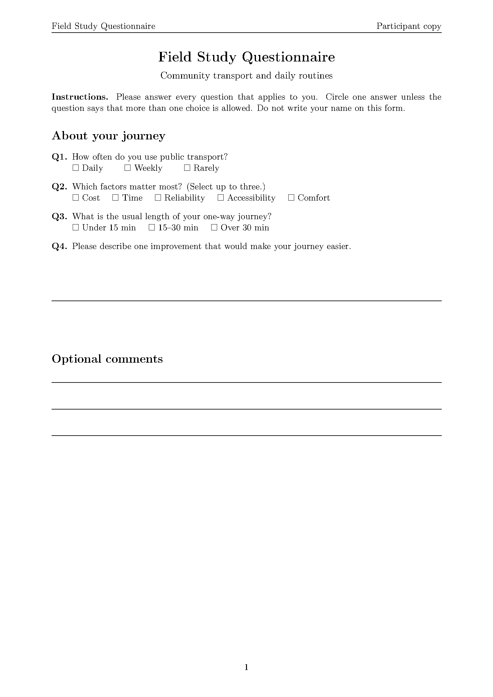 First page of the Questionnaire template