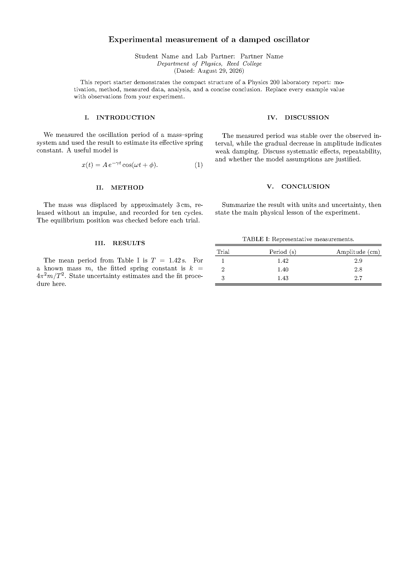 First page of the Reed College Physics 200 Report template