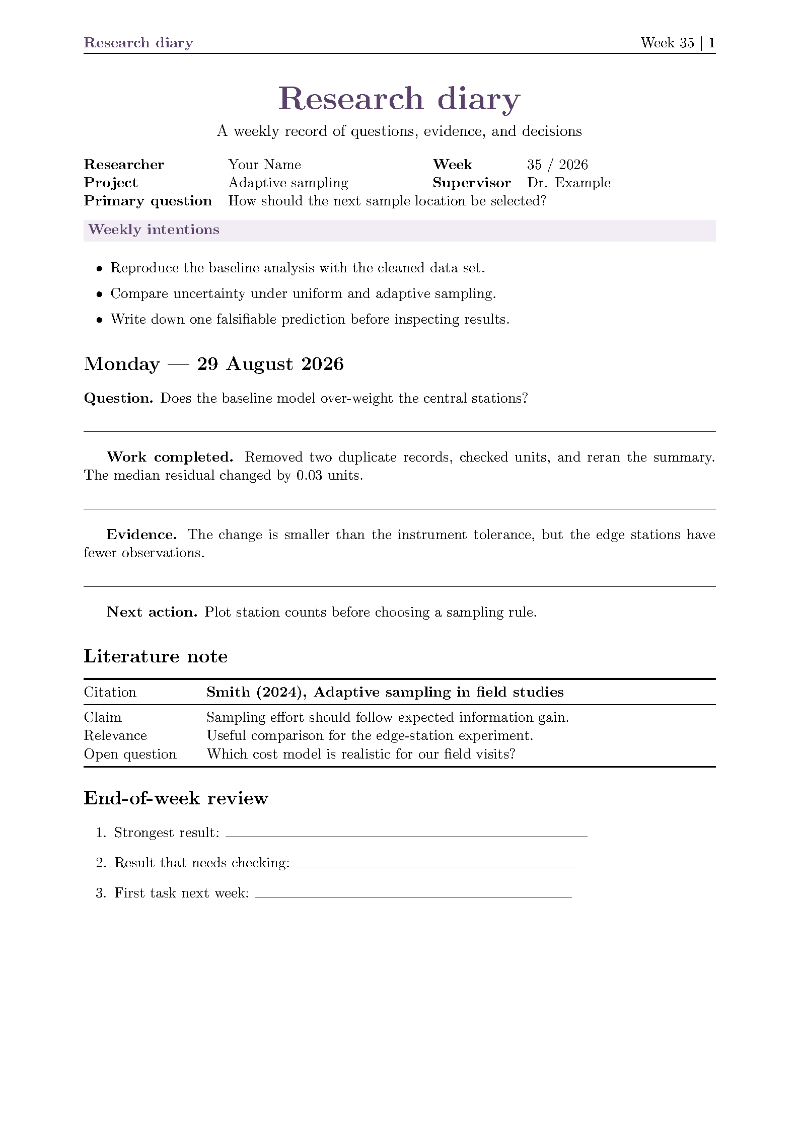 First page of Research Diary Template (Klassen)