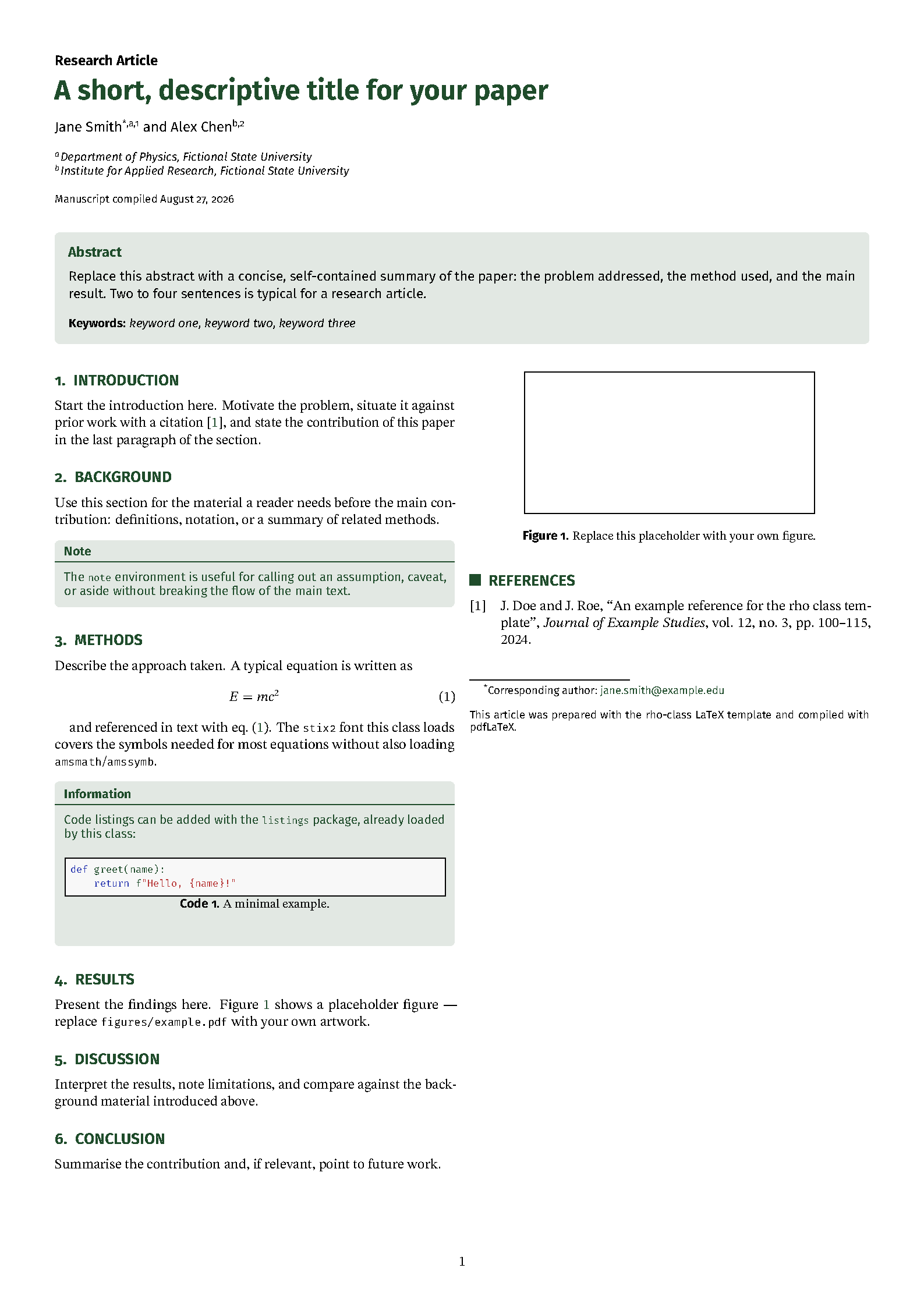 First page of the Rho Class Research Article template