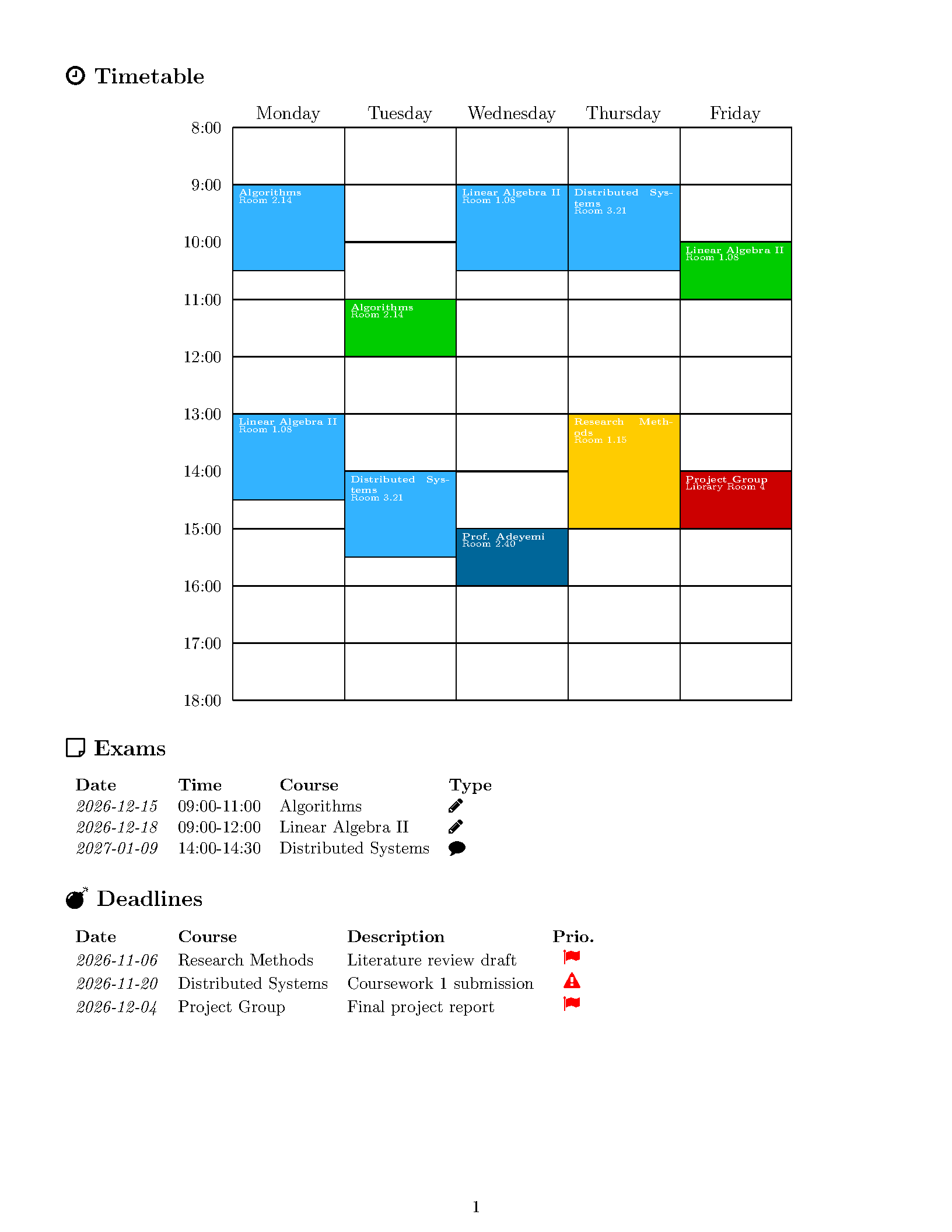 First page of Semester Timetable