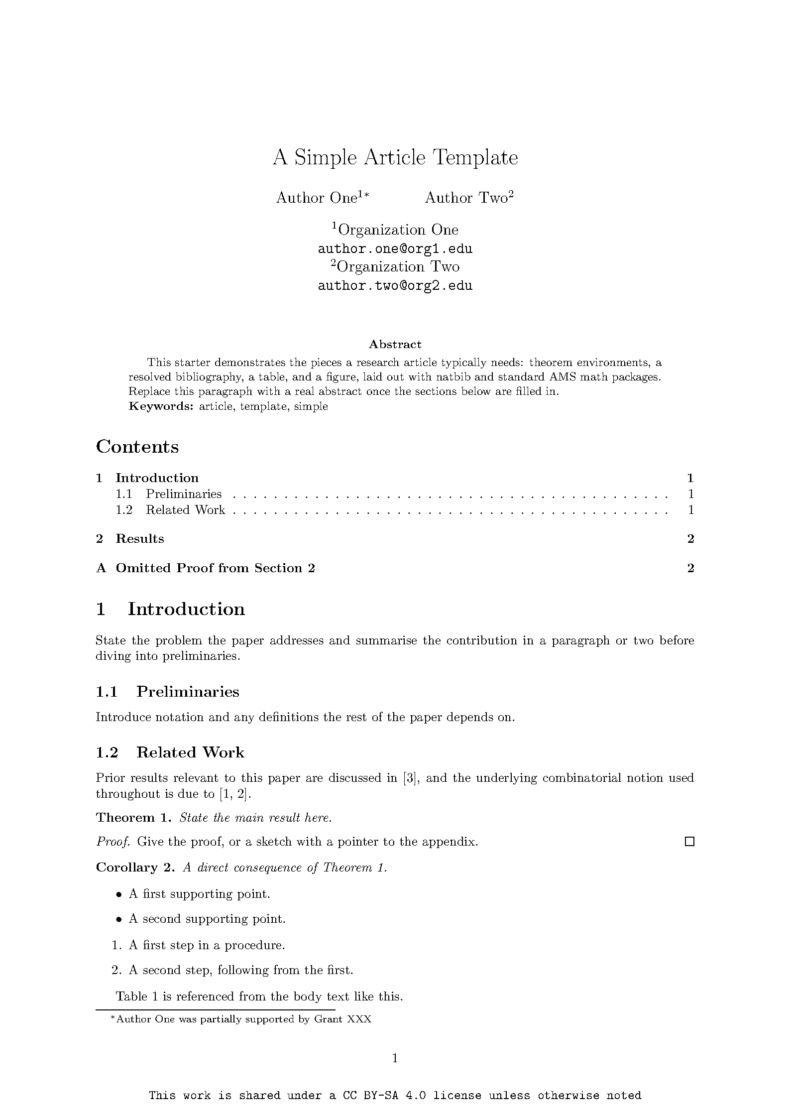 First page of the Simple Article template