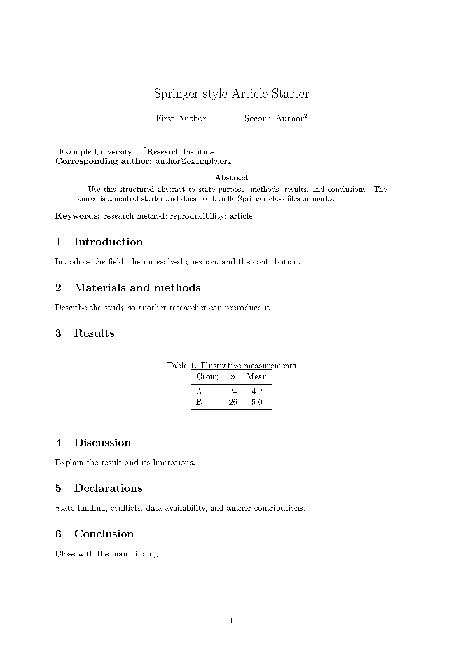 First page of the Springer-Style Article template