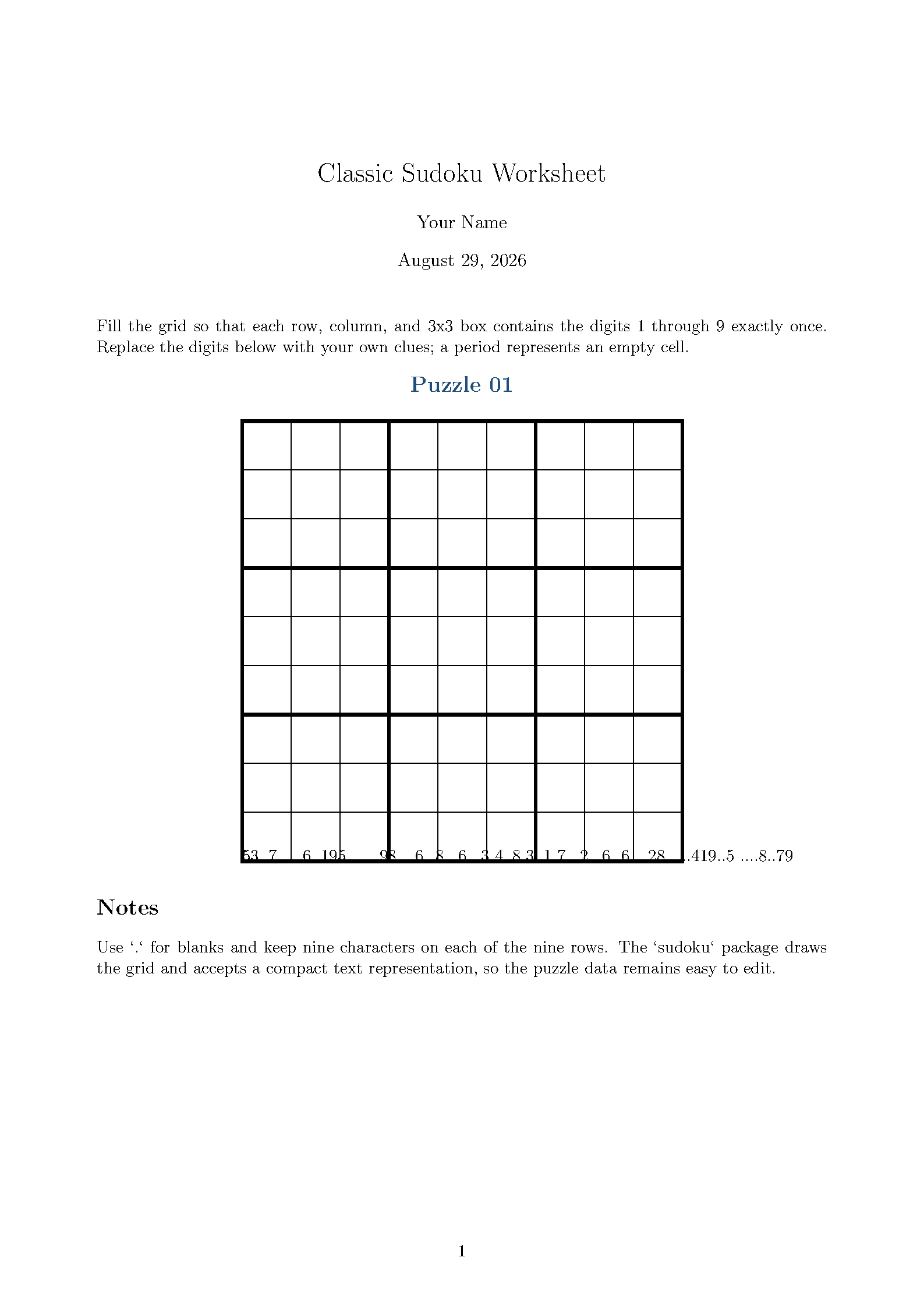 First page of the Classic Sudoku Worksheet template