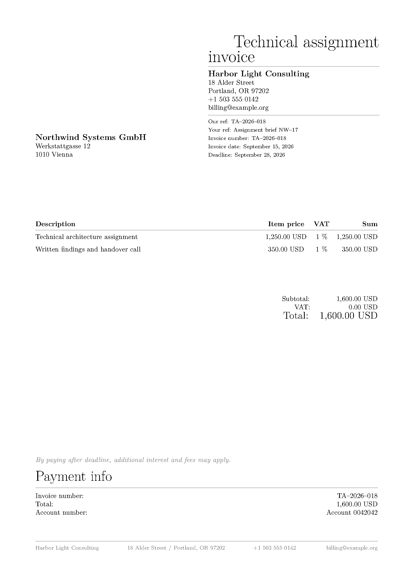First page of Technical Assignment Invoice