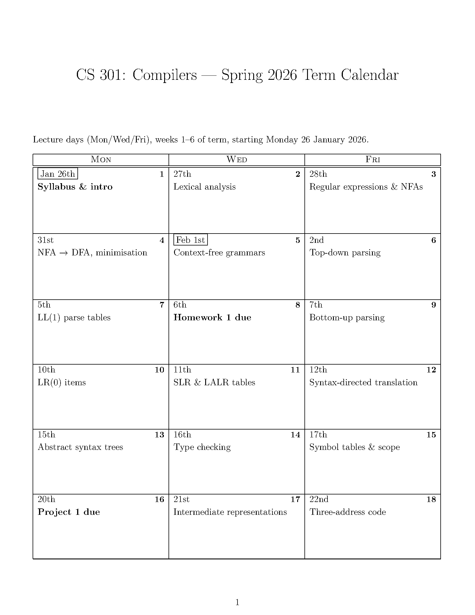 First page of Term Calendar (Class Schedule)