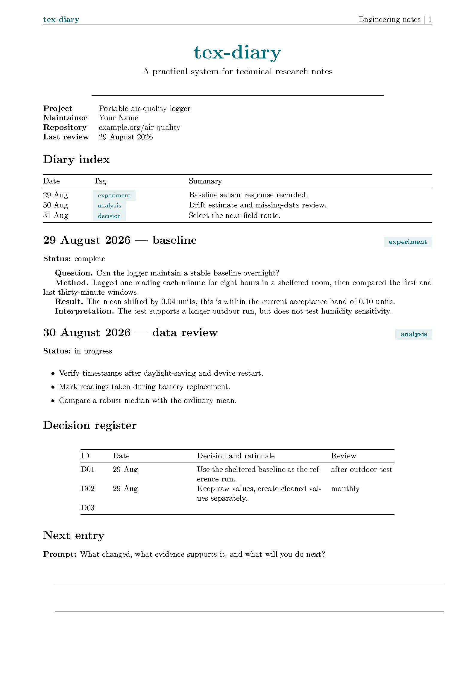 First page of Research Diary System