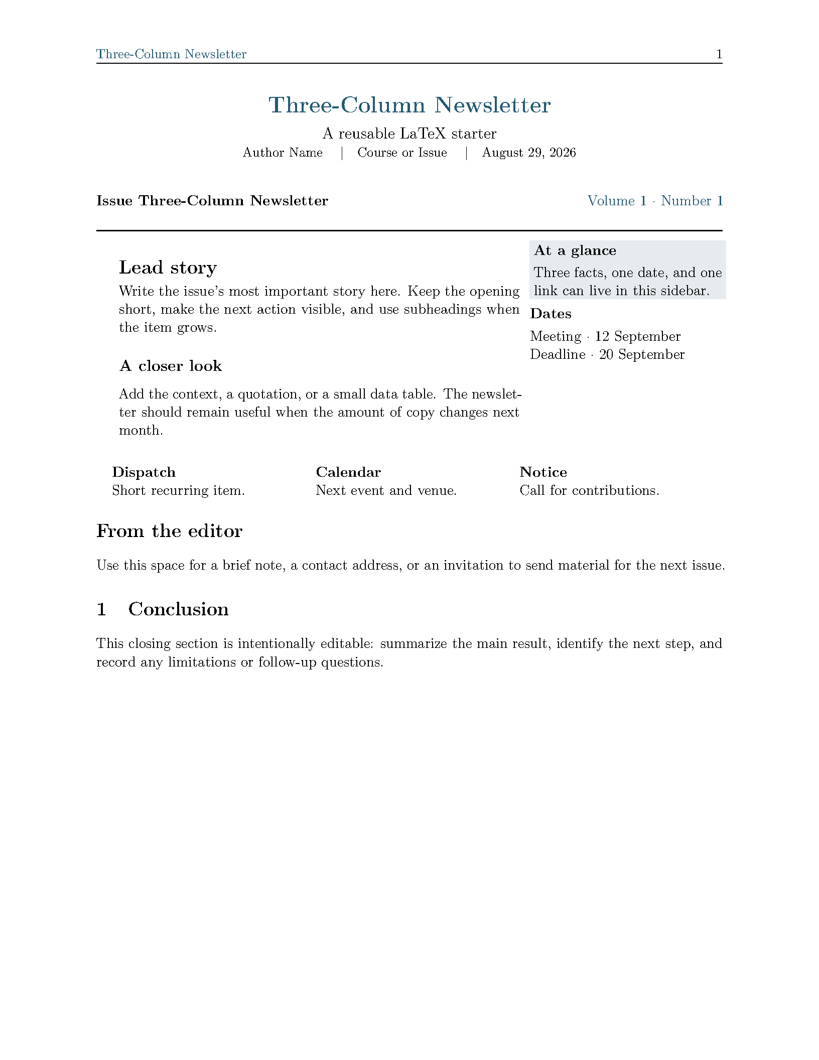 First page of Three-Column Newsletter