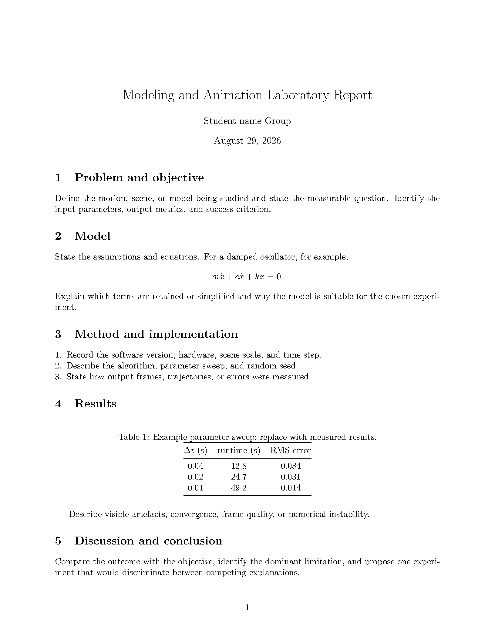 First page of the TNM079 Modeling and Animation Lab Report template