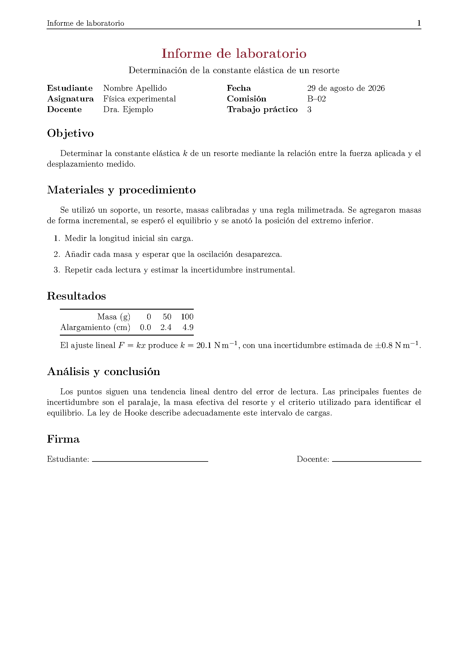 First page of UNGS Spanish Laboratory Report