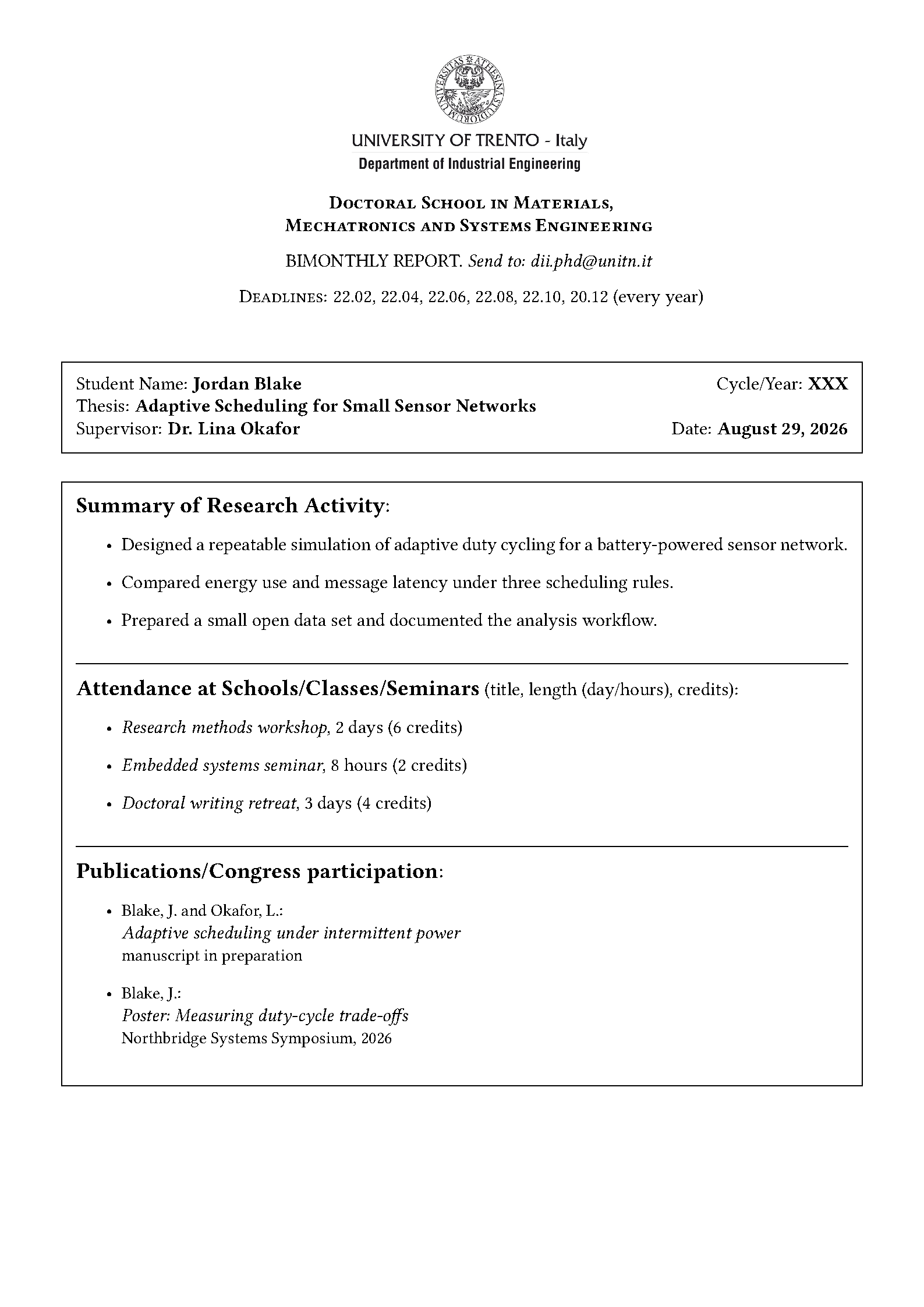 First page of the University of Trento BIM Report template