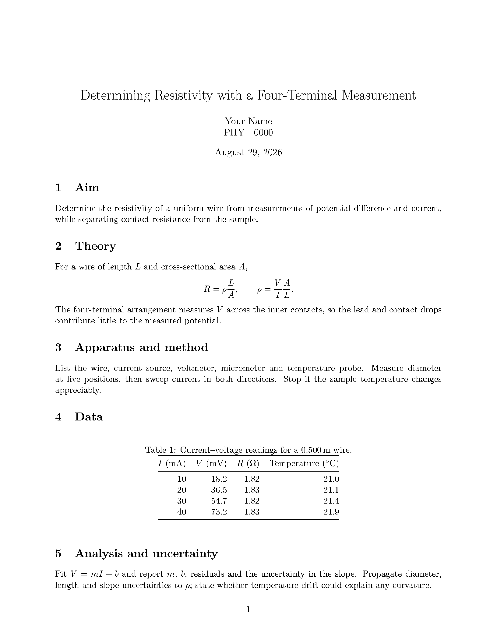 First page of the UoL Physics Lab Report template
