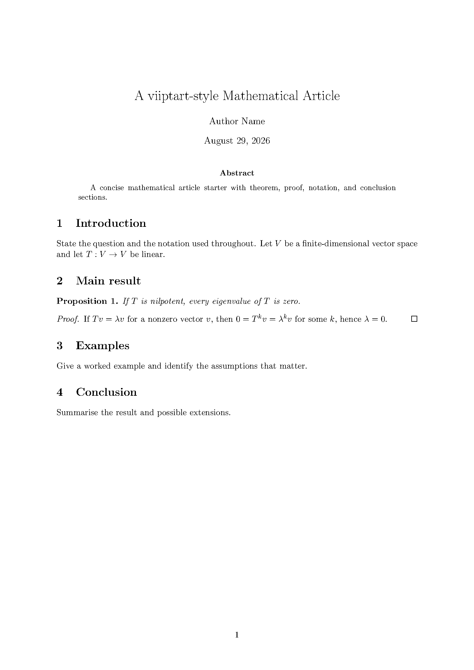 First page of the viiptart Mathematical Article template