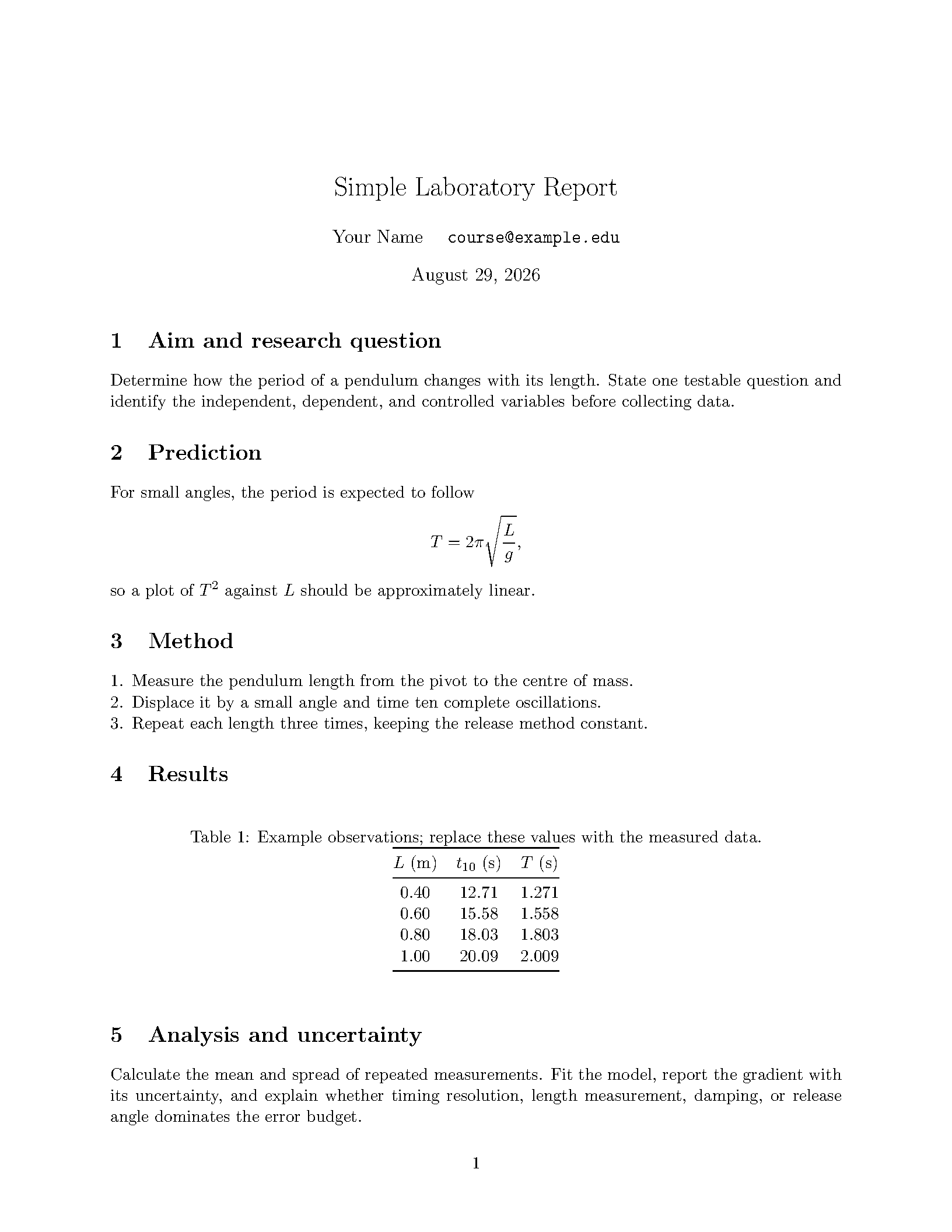 First page of the Zappala Simple Lab Report template